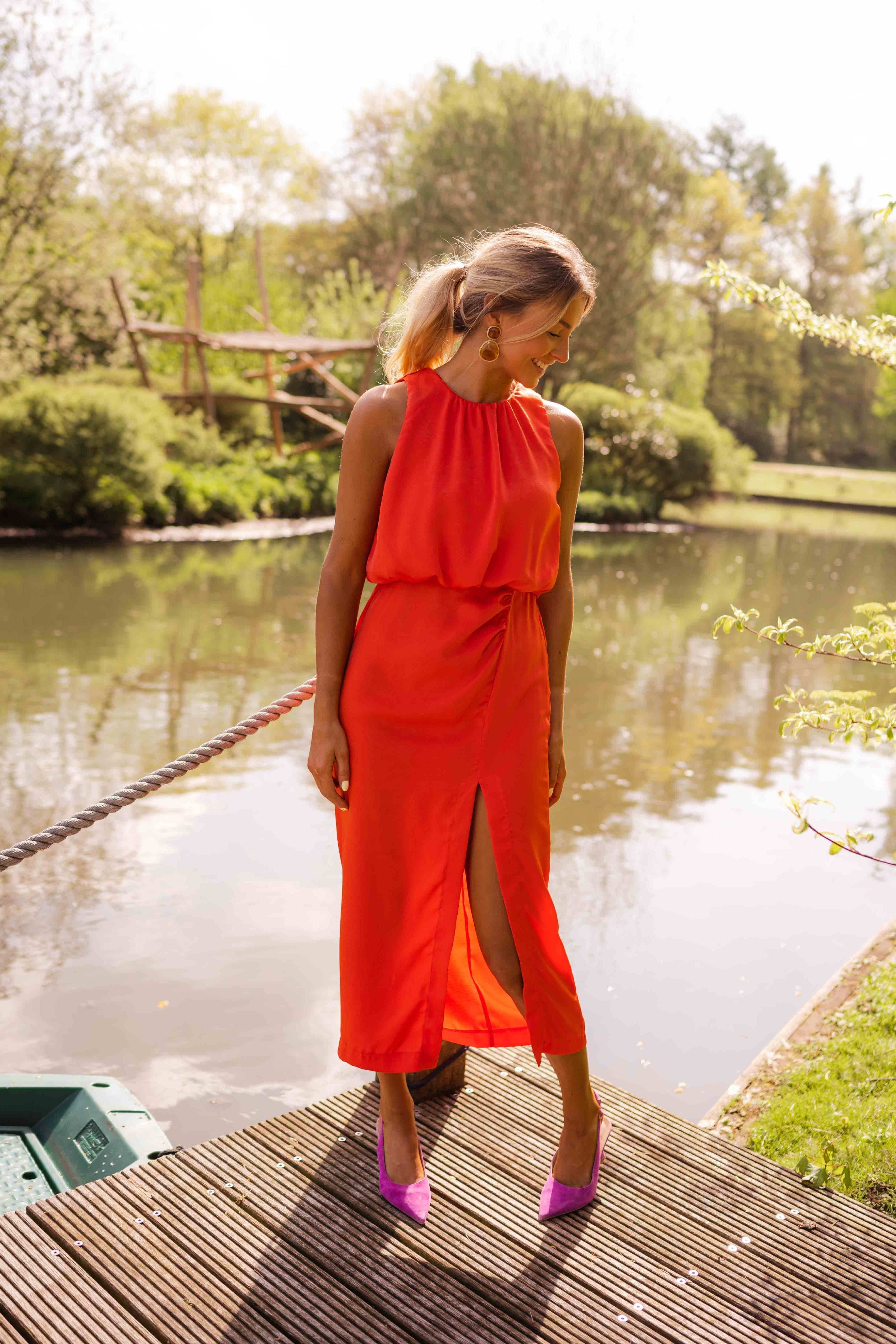 Damen Midikleid Stehkragen Ärmellos Beinschlitz