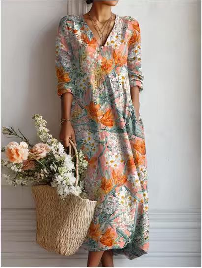 Damen Midikleid aus Leinen mit Taschen