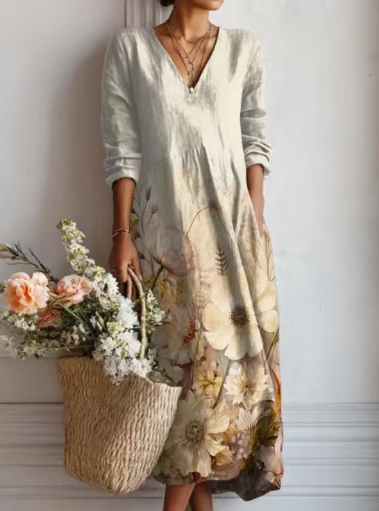 Damen Midikleid aus Leinen mit Taschen