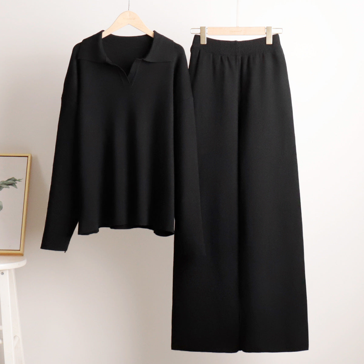 Damen Zweiteiler-Set mit Polo-Pullover und weitem Bein