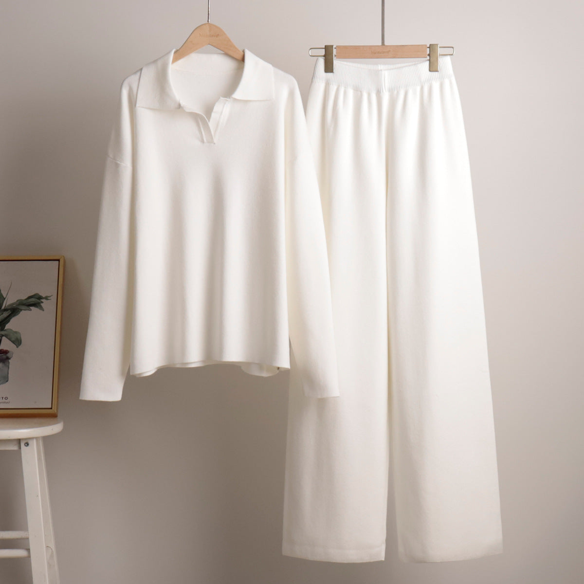 Damen Zweiteiler-Set mit Polo-Pullover und weitem Bein