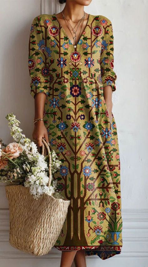 Damen Midikleid aus Leinen mit Taschen
