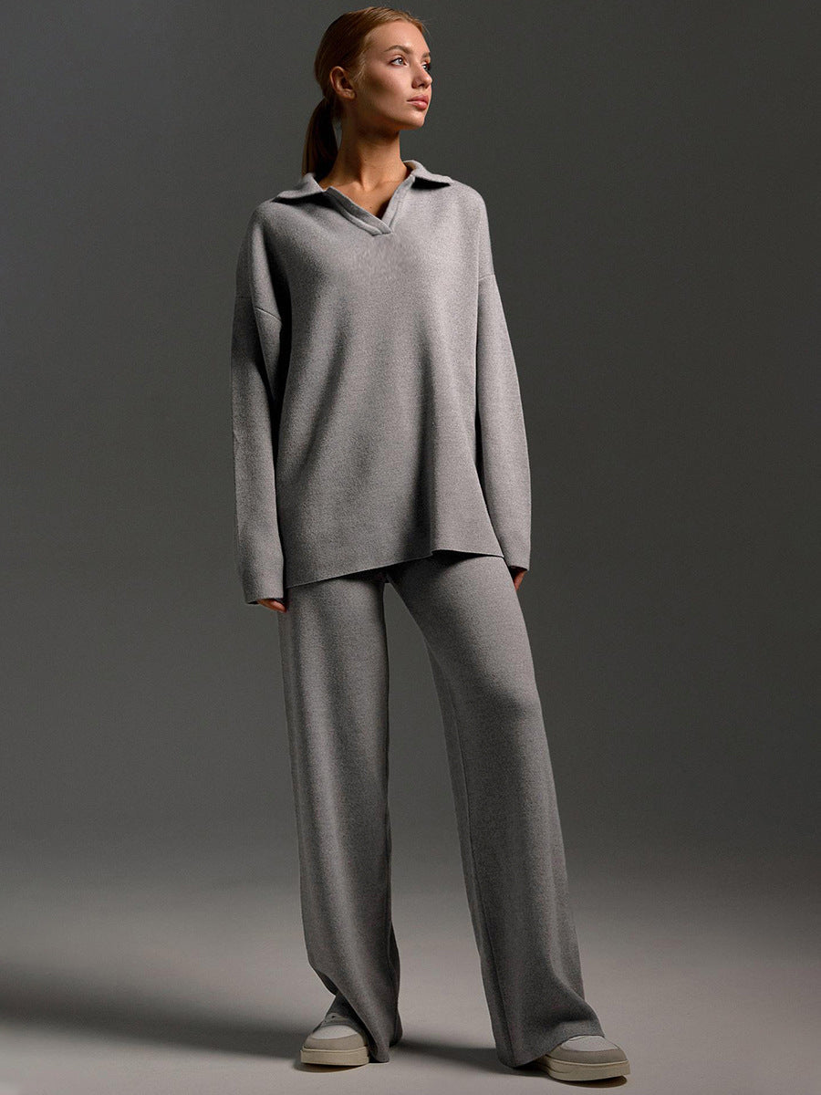 Damen Zweiteiler-Set mit Polo-Pullover und weitem Bein