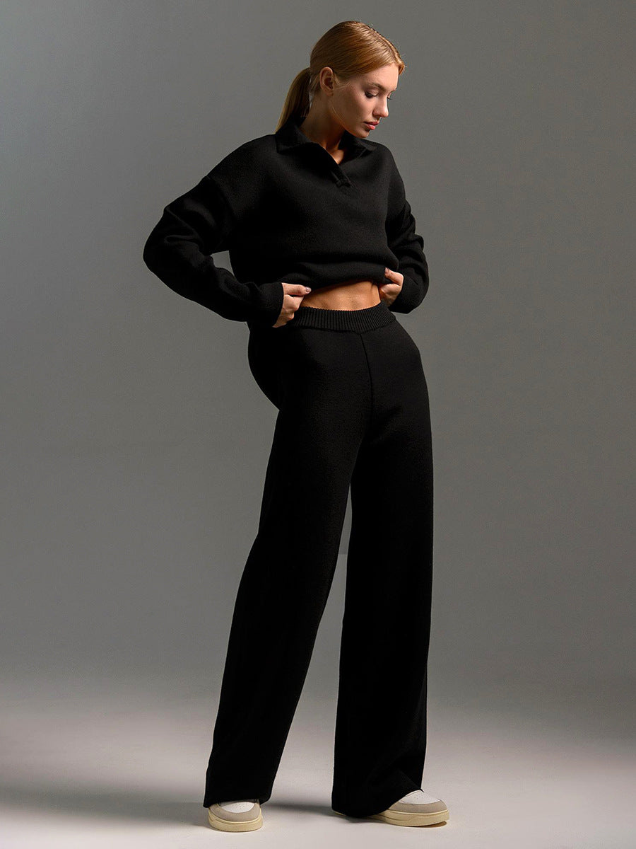 Damen Zweiteiler-Set mit Polo-Pullover und weitem Bein