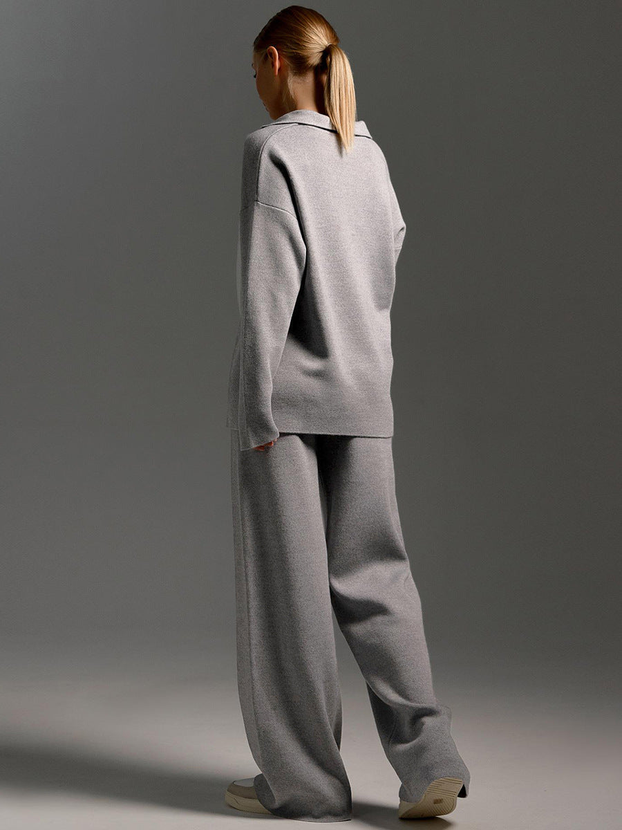 Damen Zweiteiler-Set mit Polo-Pullover und weitem Bein
