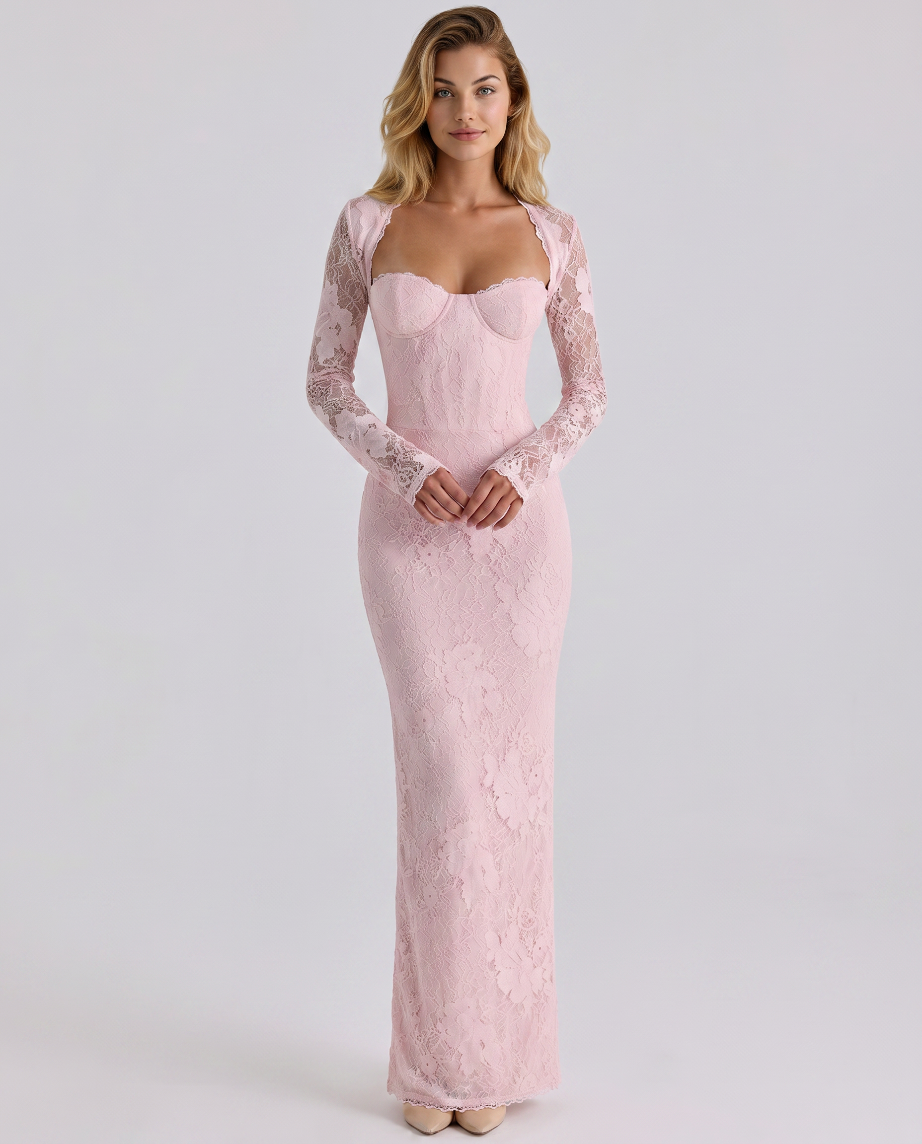 Damen Spitzen Langarm Maxikleid tailliert