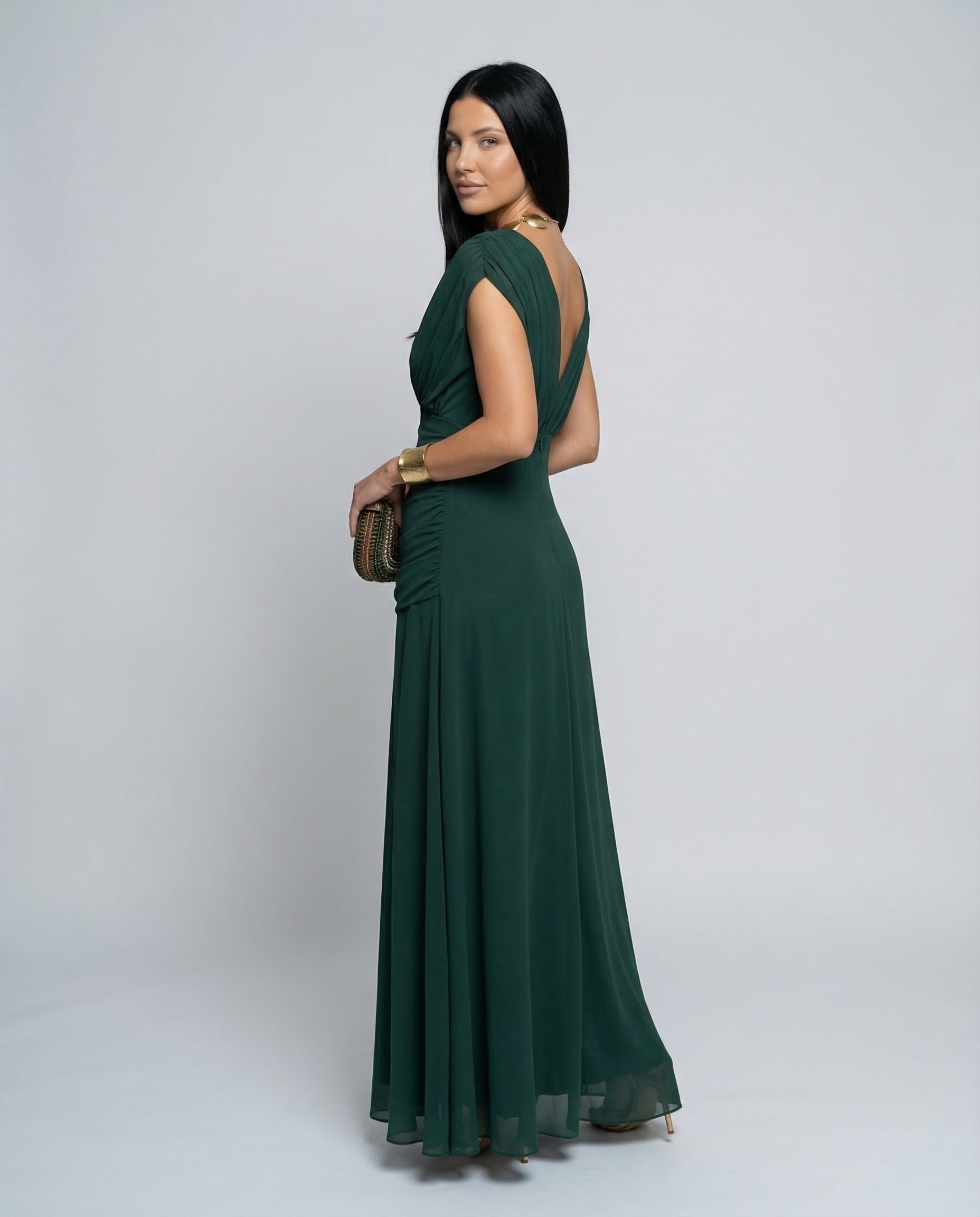Damen Maxikleid mit Drapierung und V-Ausschnitt