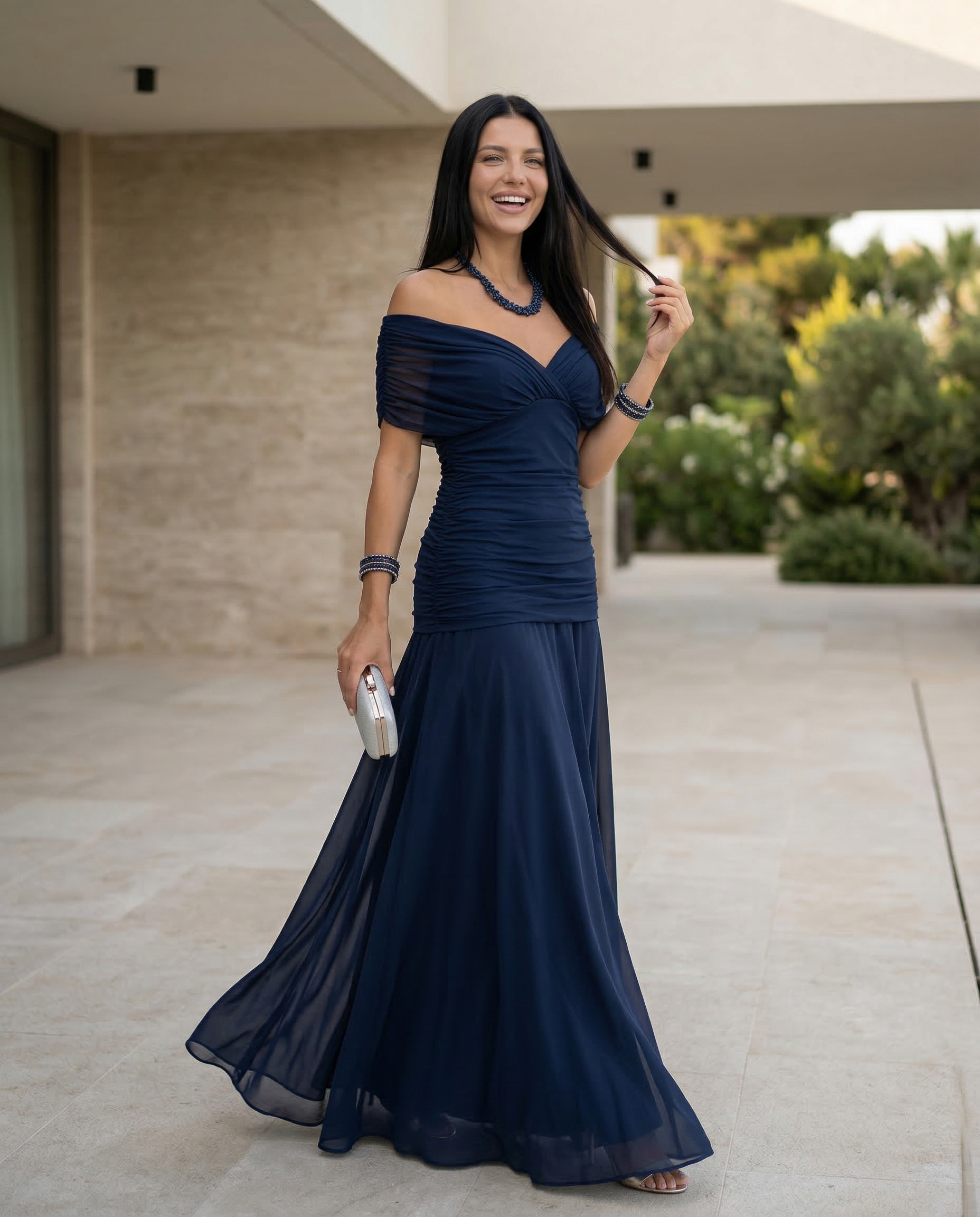 Damen Maxikleid mit Drapierung und V-Ausschnitt