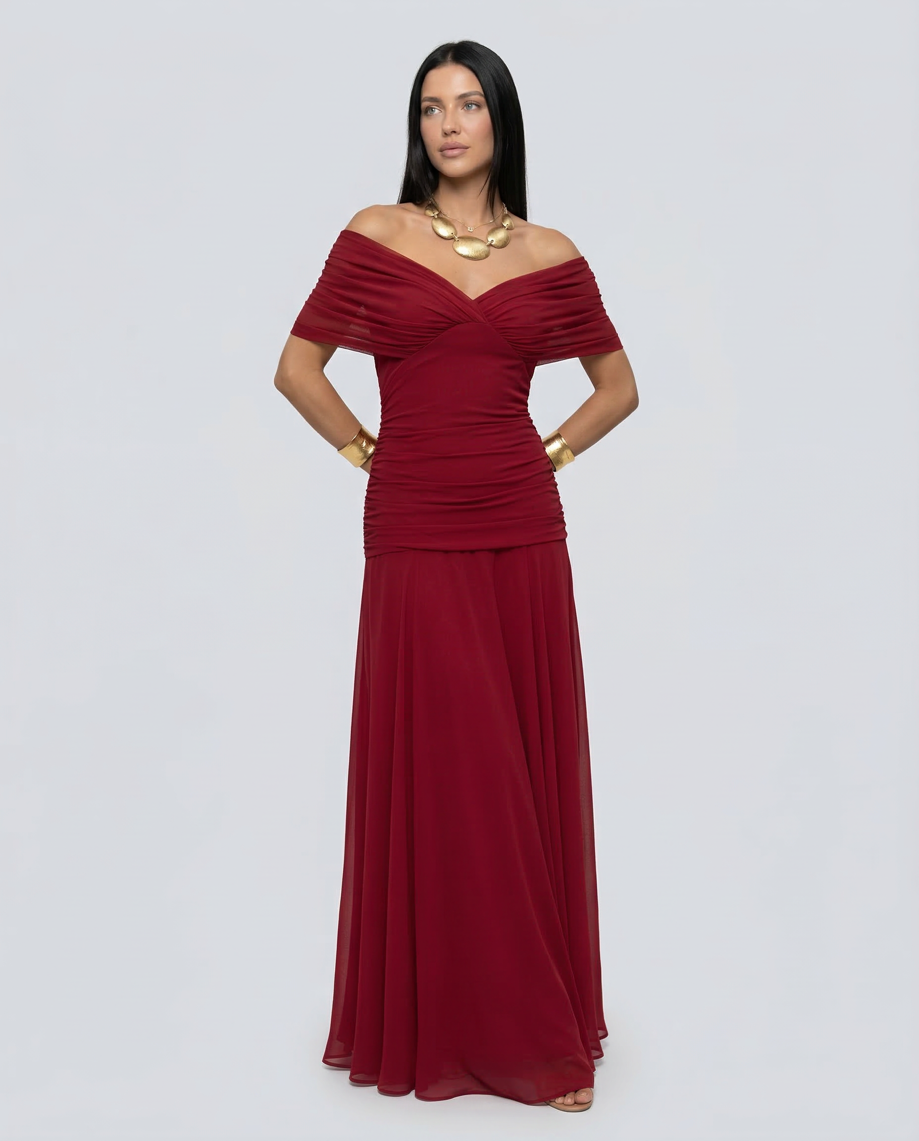 Damen Maxikleid mit Drapierung und V-Ausschnitt