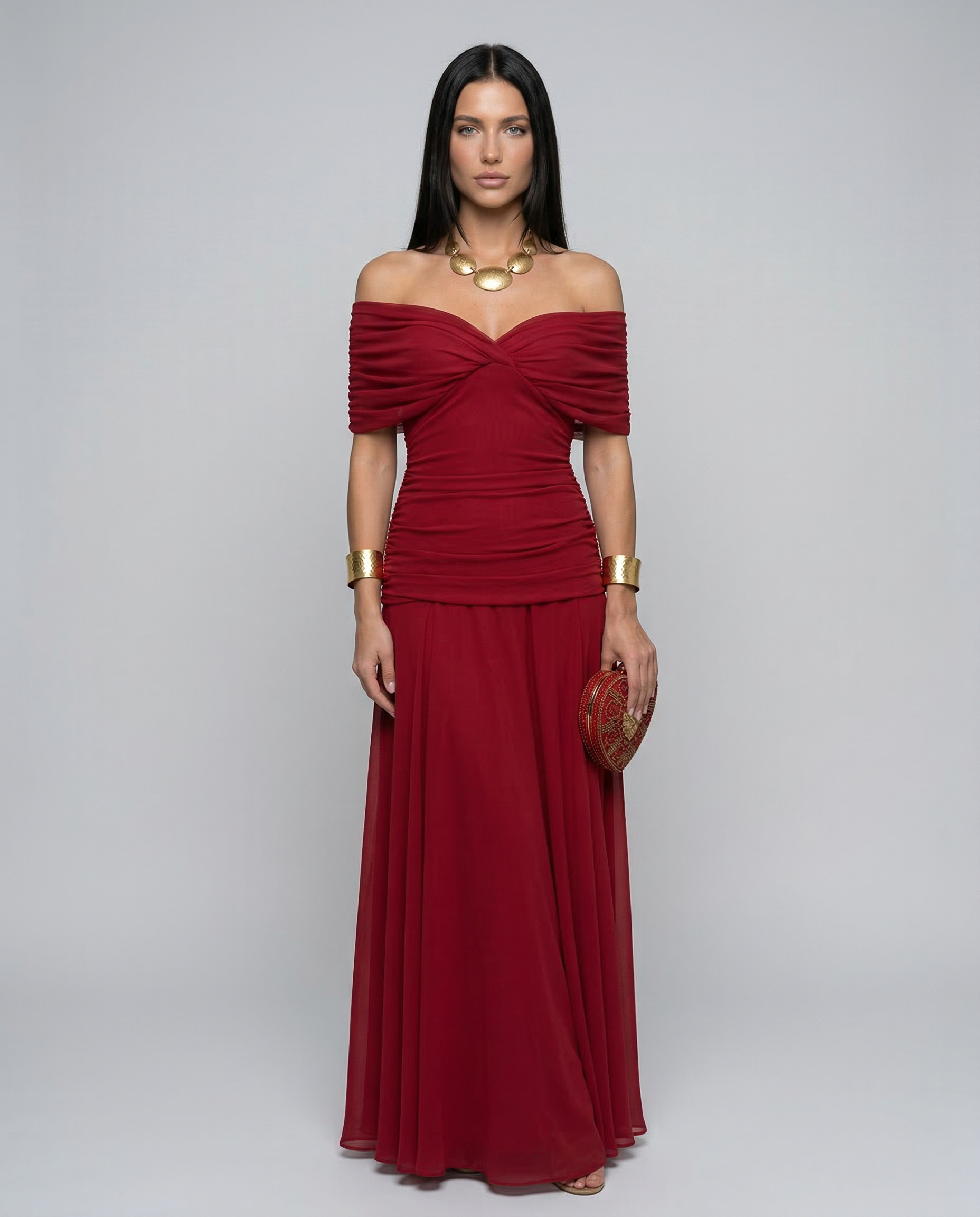 Damen Maxikleid mit Drapierung und V-Ausschnitt