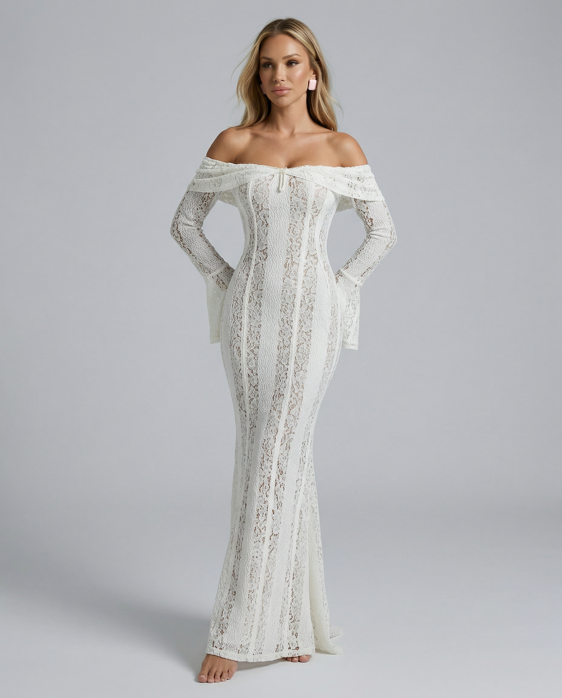 Damen Off-Shoulder Spitzen Maxikleid Weiß