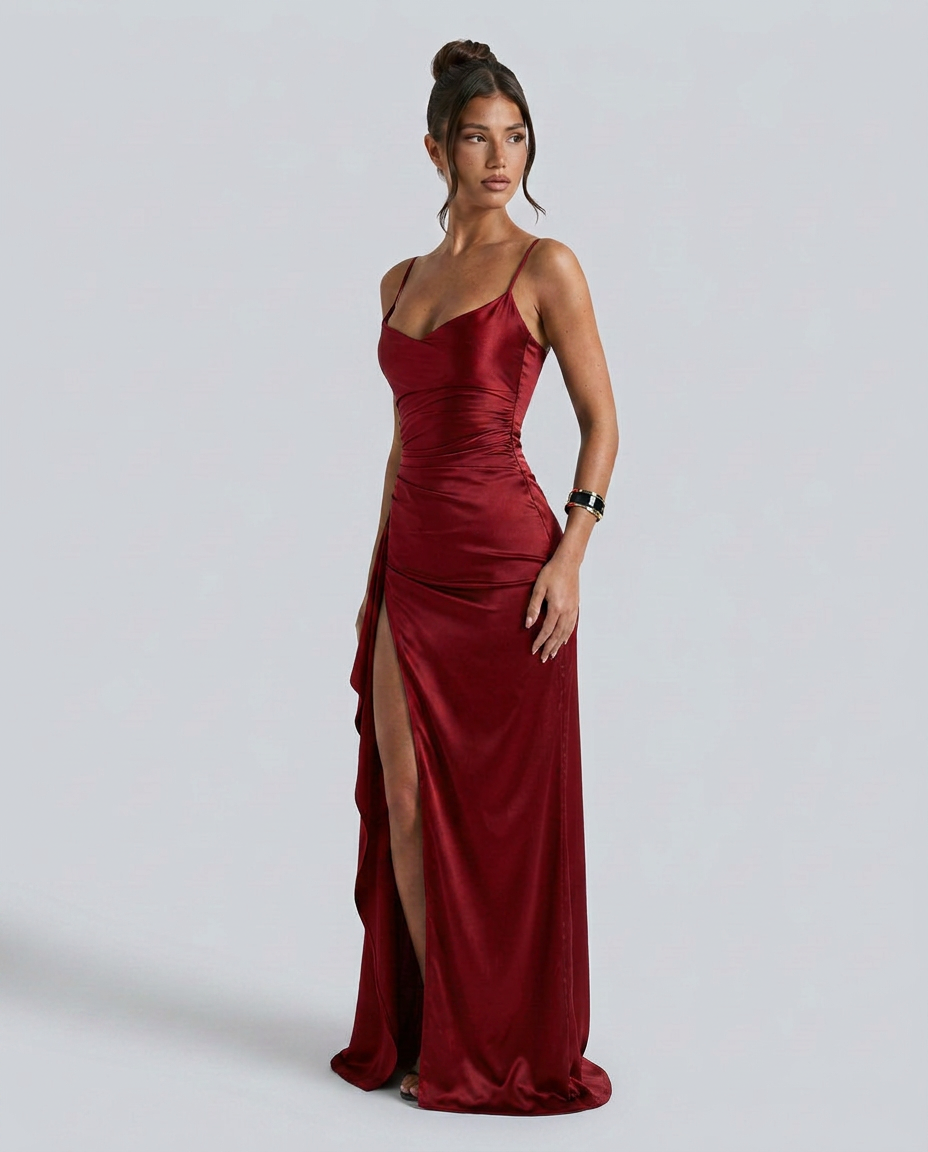 Damen Satin Cowlneck Maxikleid mit Schnürung