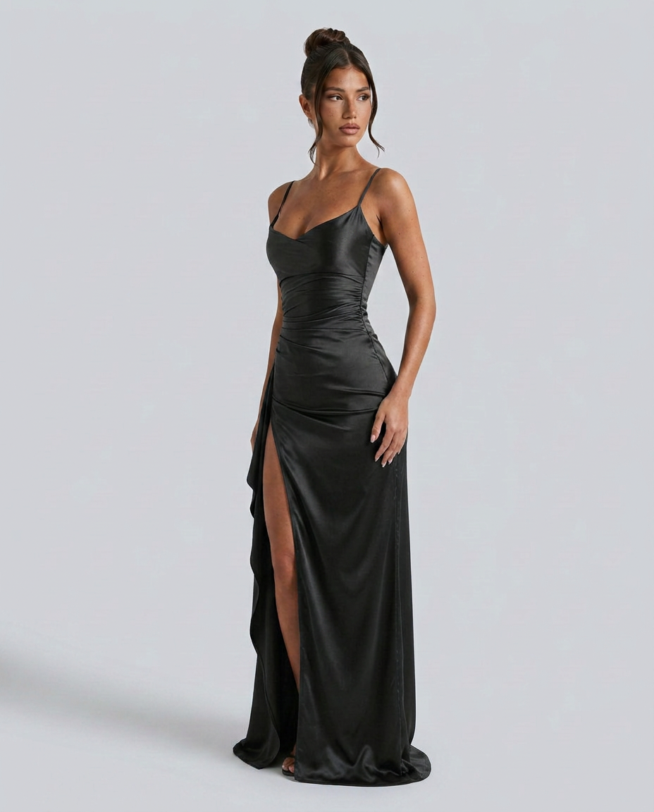 Damen Satin Cowlneck Maxikleid mit Schnürung