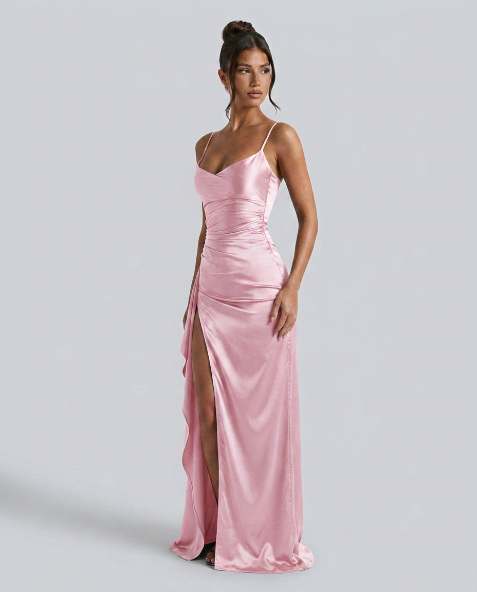 Damen Satin Cowlneck Maxikleid mit Schnürung