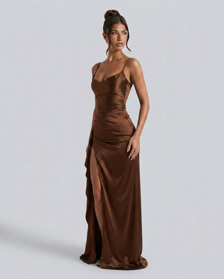 Damen Satin Cowlneck Maxikleid mit Schnürung