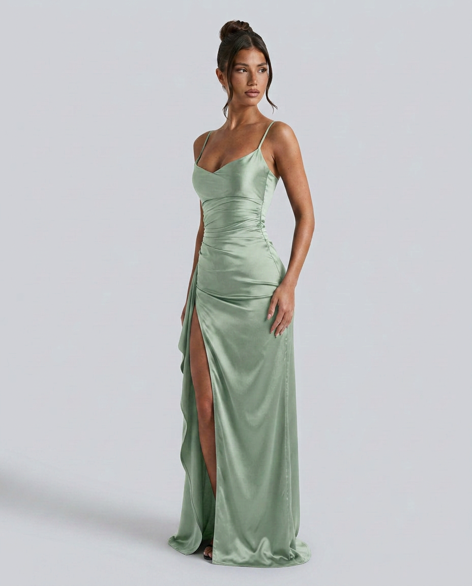 Damen Satin Cowlneck Maxikleid mit Schnürung