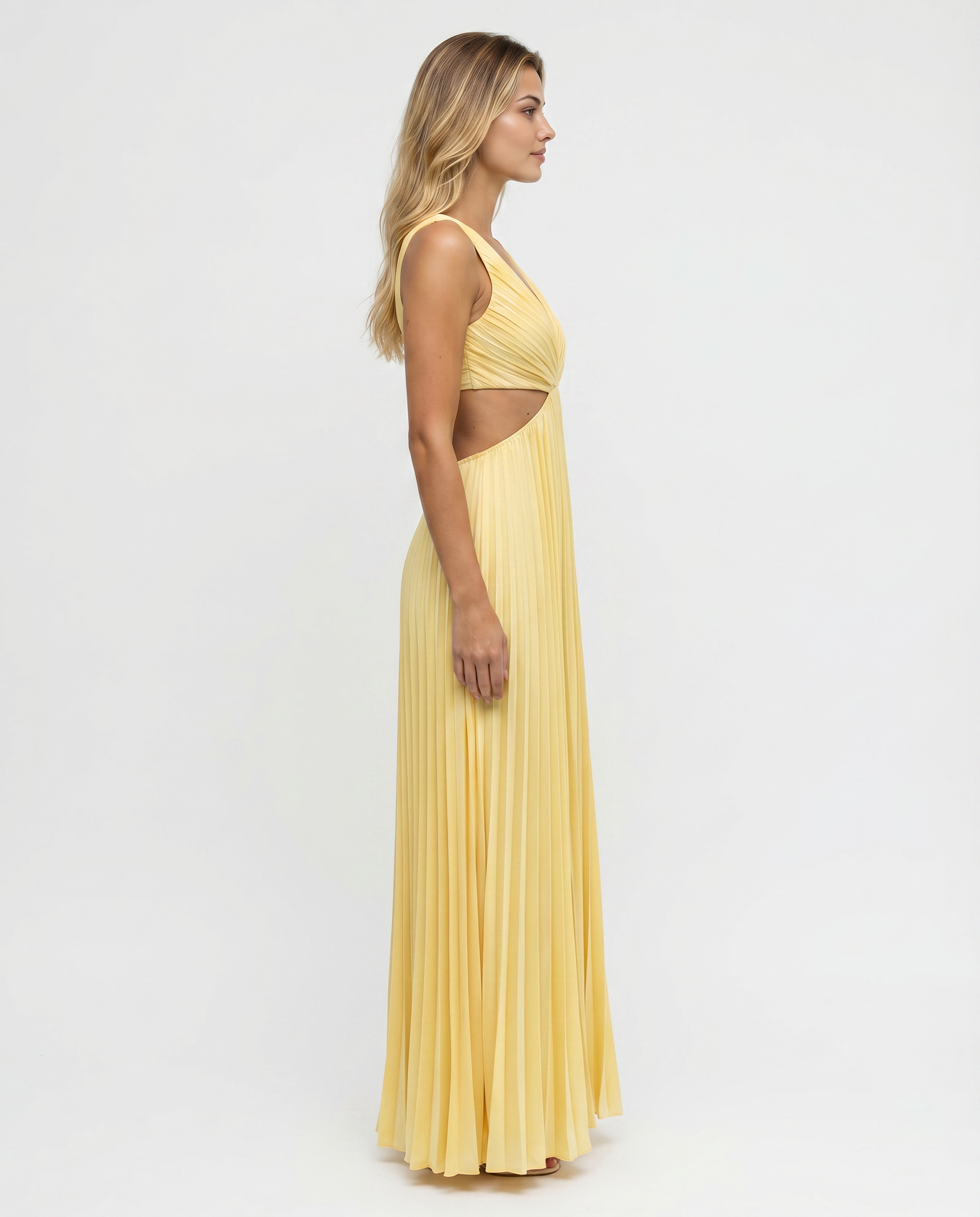Damen Plissee Maxikleid Cut-Out Ärmellos Halterneck