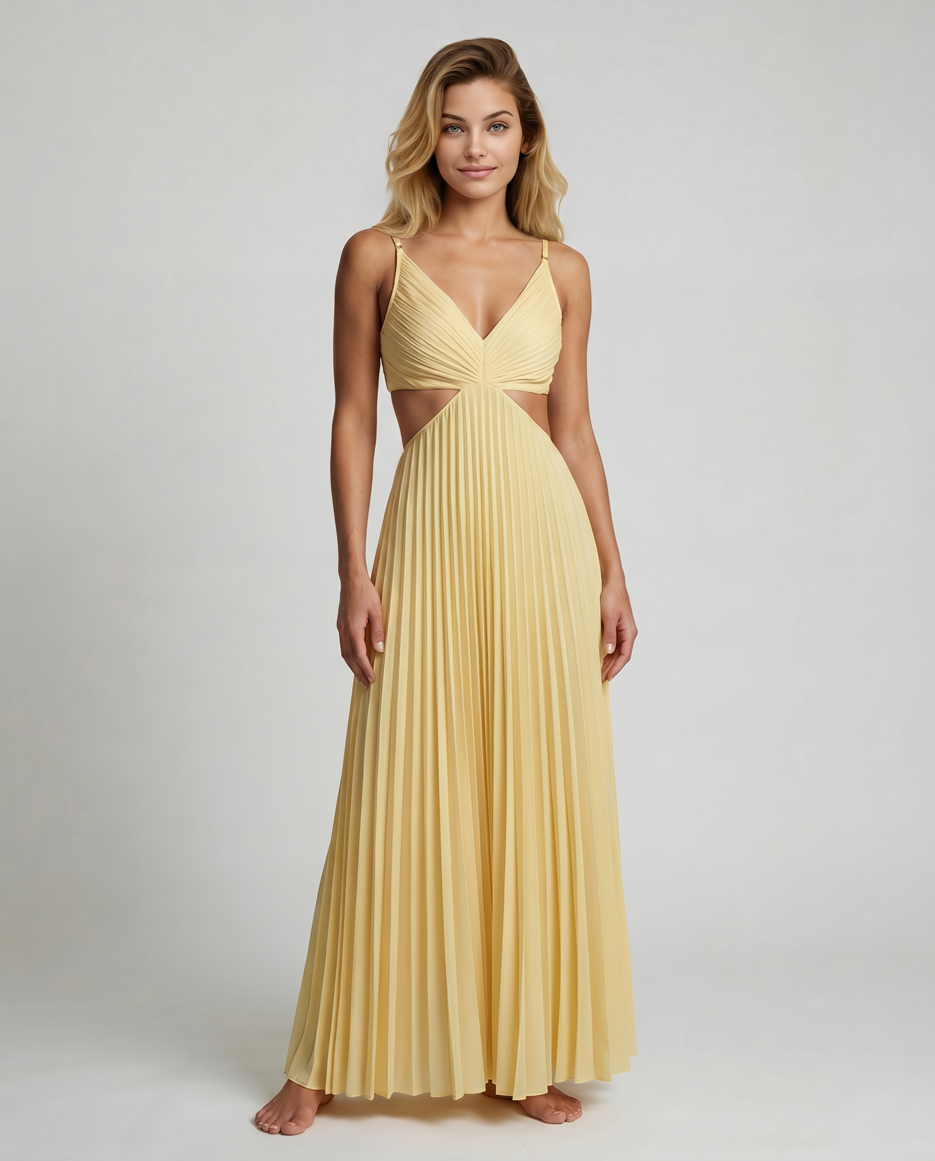Damen Plissee Maxikleid Cut-Out Ärmellos Halterneck