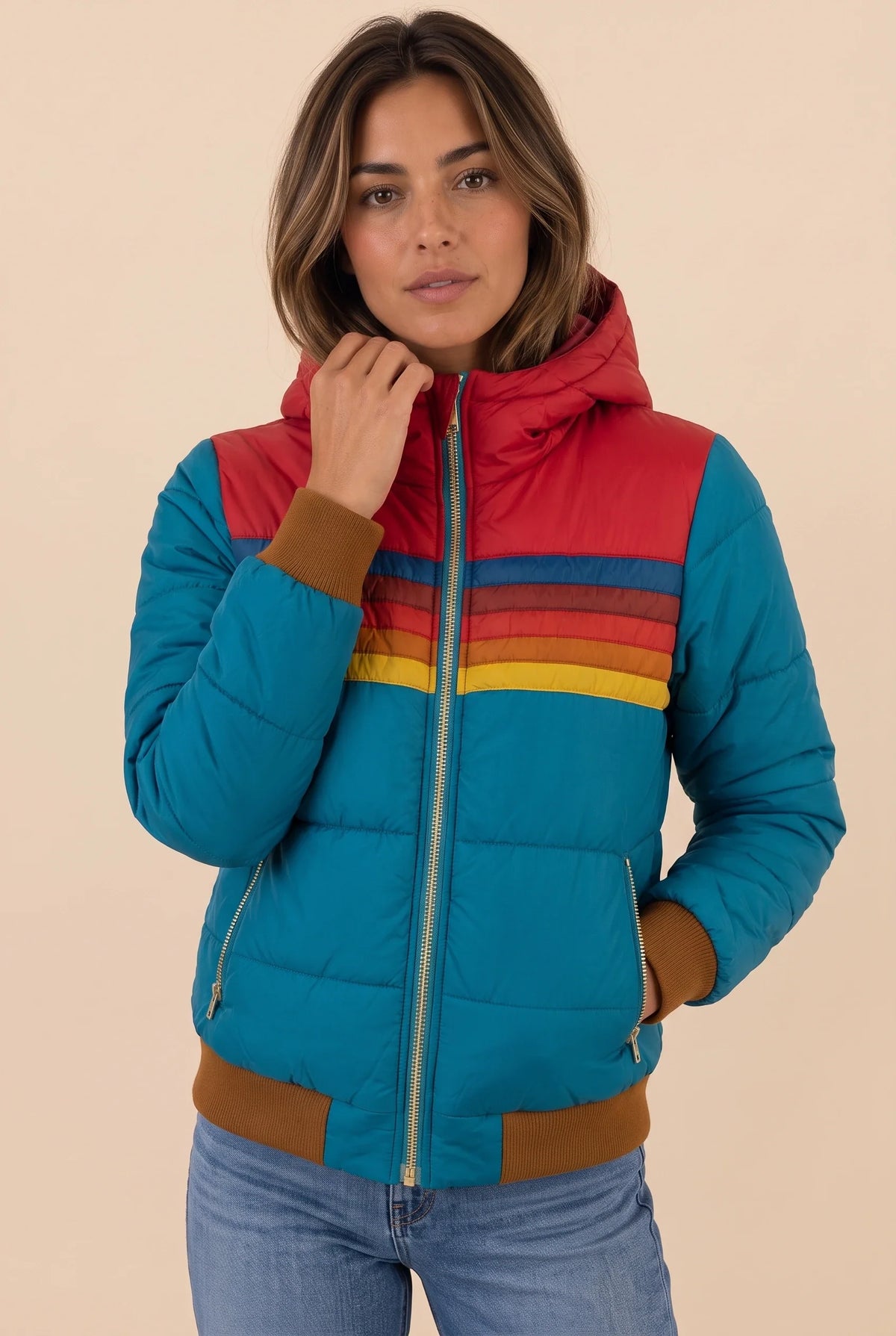Damen kurze Steppjacke mit Kapuze und Streifenmuster