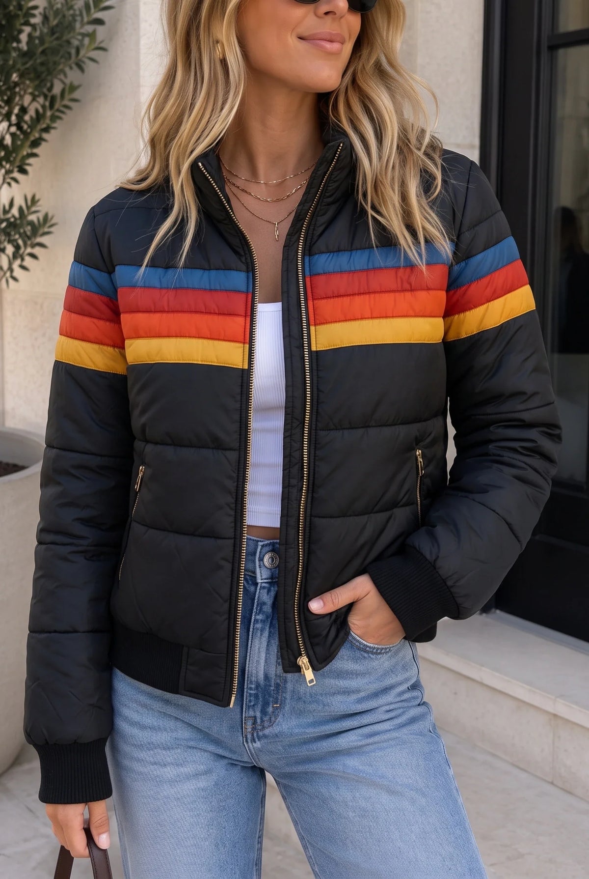 Damen kurze Steppjacke mit Kapuze und Streifenmuster