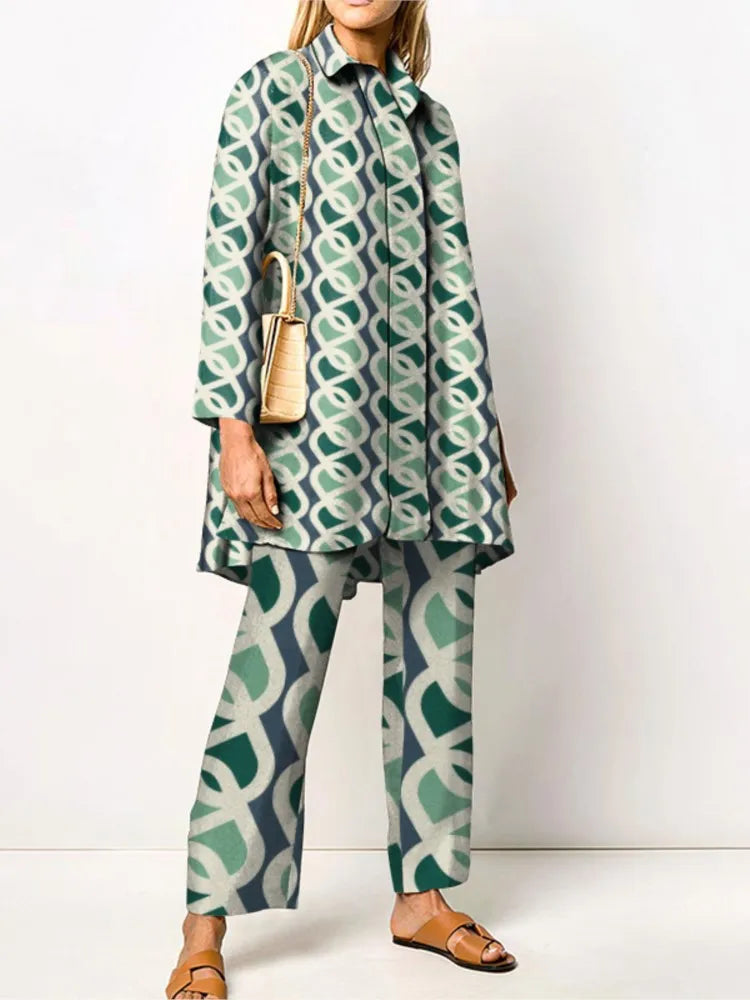 Damen Zweiteiler-Set mit Bluse und Vintage-Print