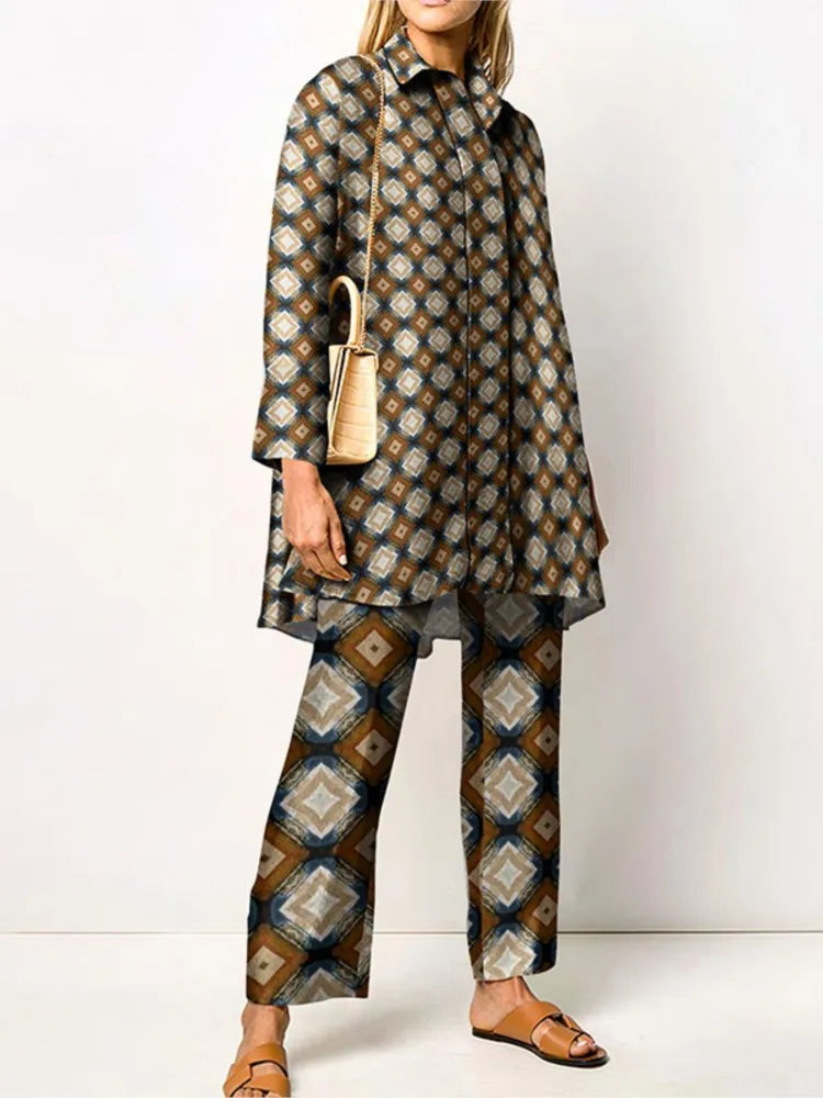 Damen Zweiteiler-Set mit Bluse und Vintage-Print