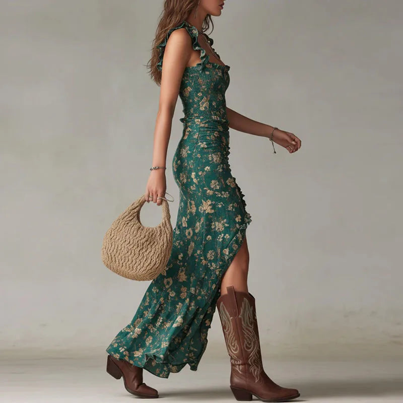 Damen Maxikleid Blumenprint V-Ausschnitt Schlitz Kleid