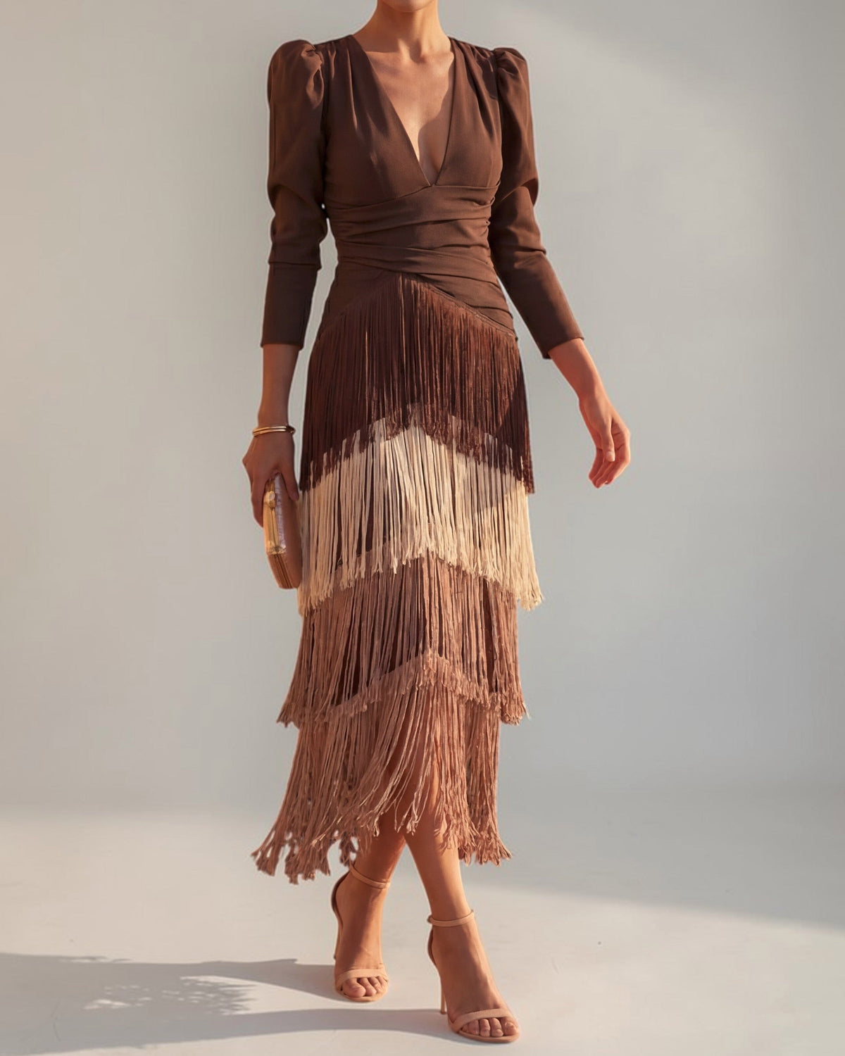 Damen Fransenkleid mit V-Ausschnitt und Drapierung