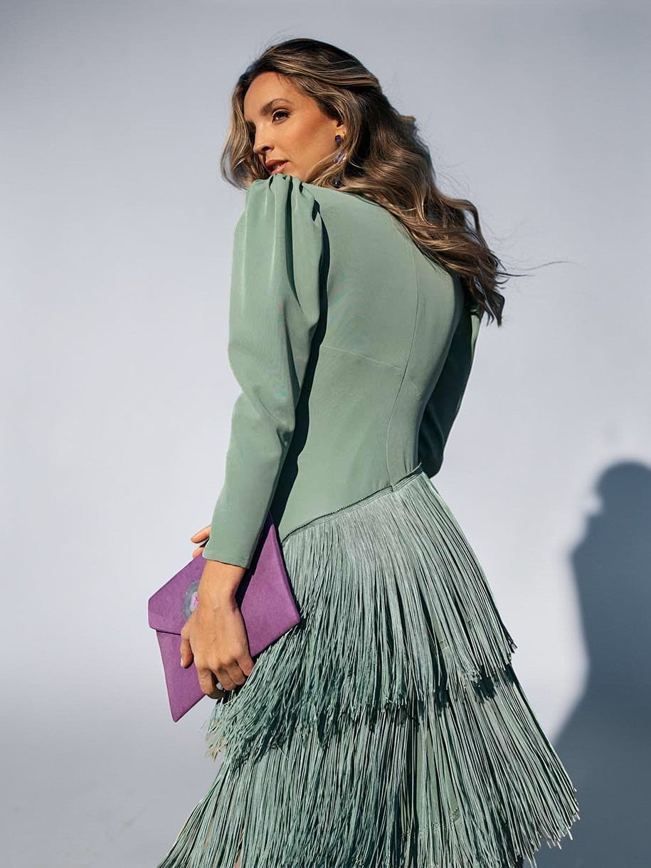 Damen Fransenkleid mit V-Ausschnitt und Drapierung