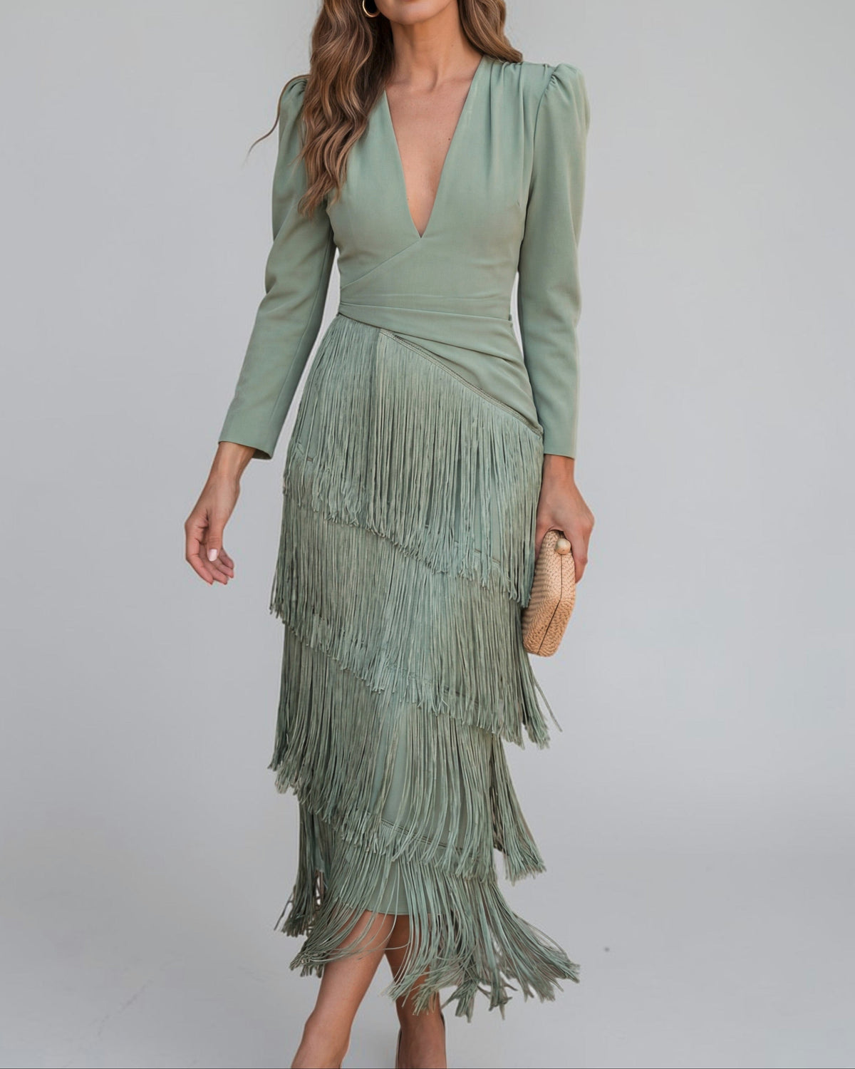 Damen Fransenkleid mit V-Ausschnitt und Drapierung