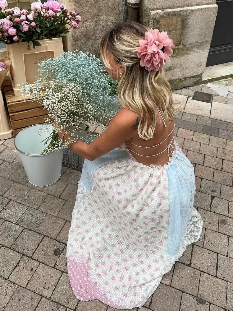 Damen Patchwork Sommerkleid in Cremefarben