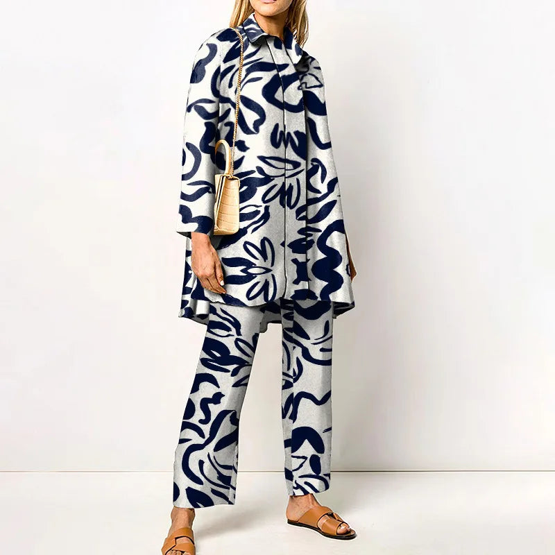 Damen Zweiteiler-Set mit Bluse und Vintage-Print