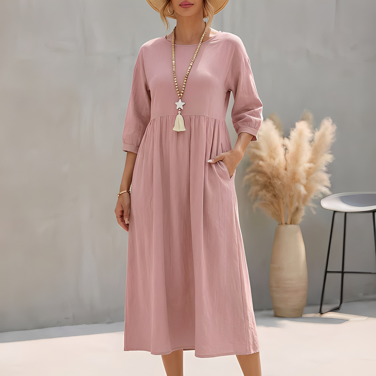 Damen Midi-Sommerkleid mit Empire-Taille und Seitentaschen