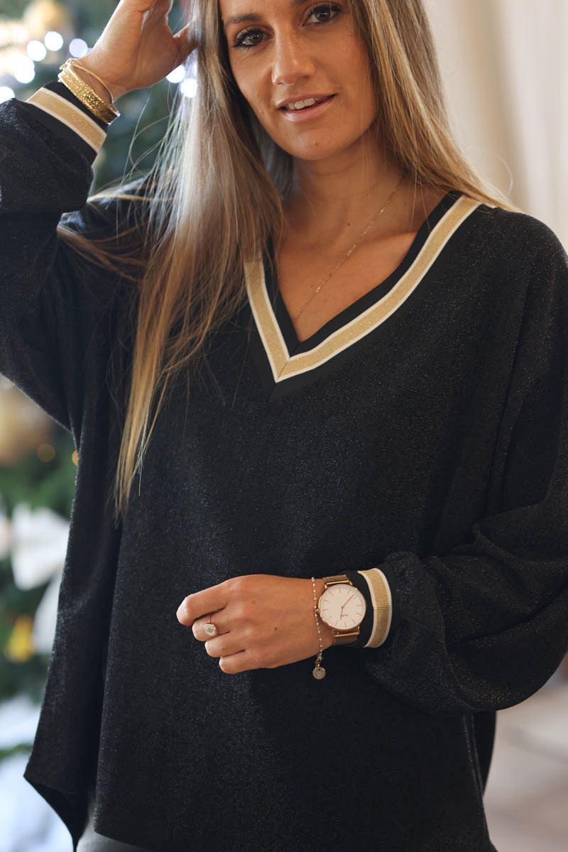 Damen weites Top mit V-Ausschnitt und Glitzerbesatz