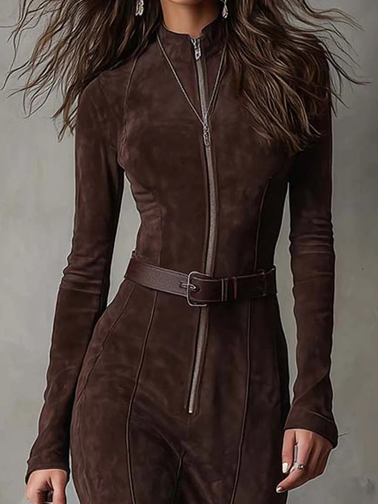 Damen Maxikleid mit Frontreißverschluss und Gürtel
