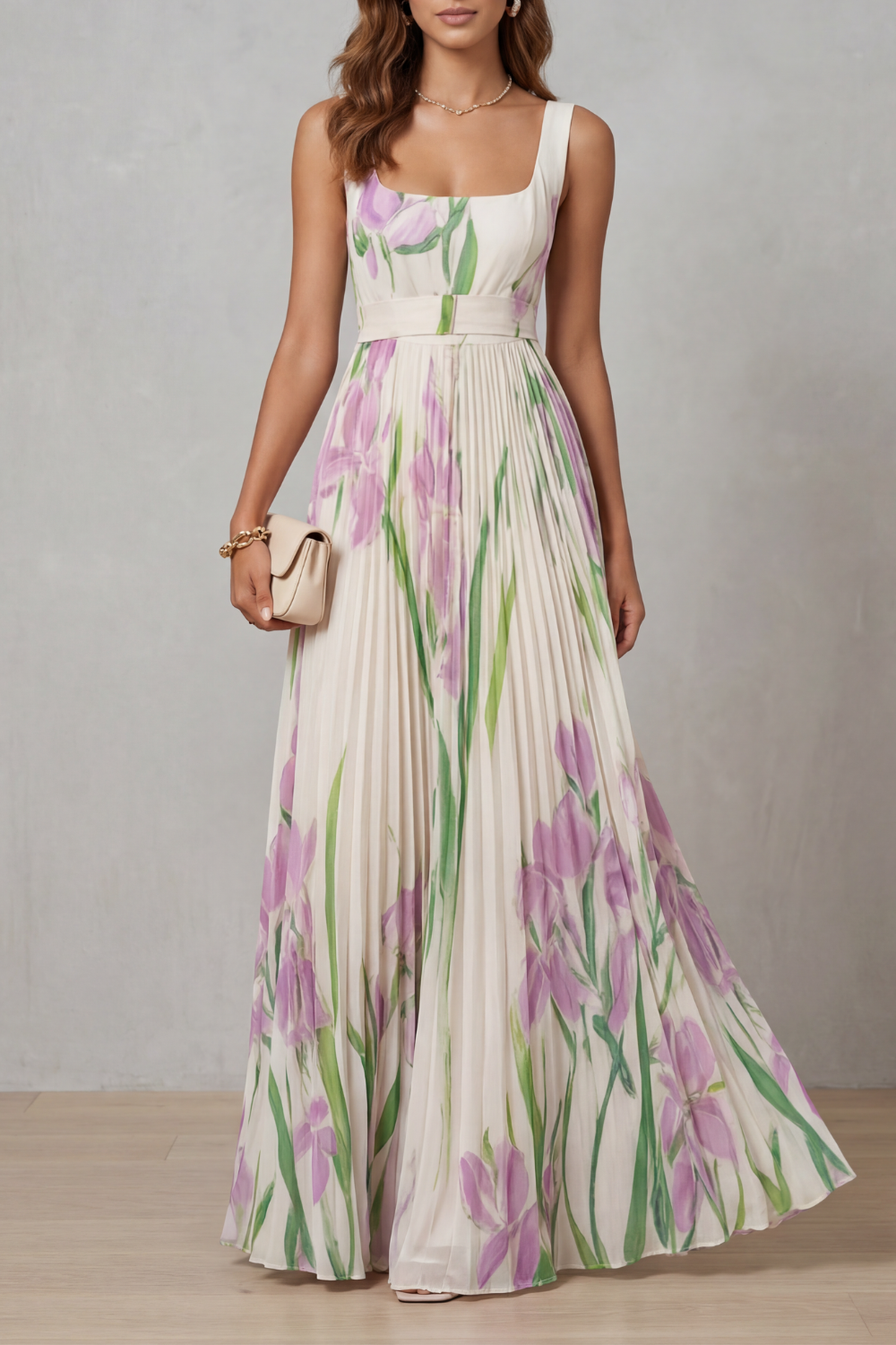 Damen Maxikleid mit Aquarellblumenprint und Falten