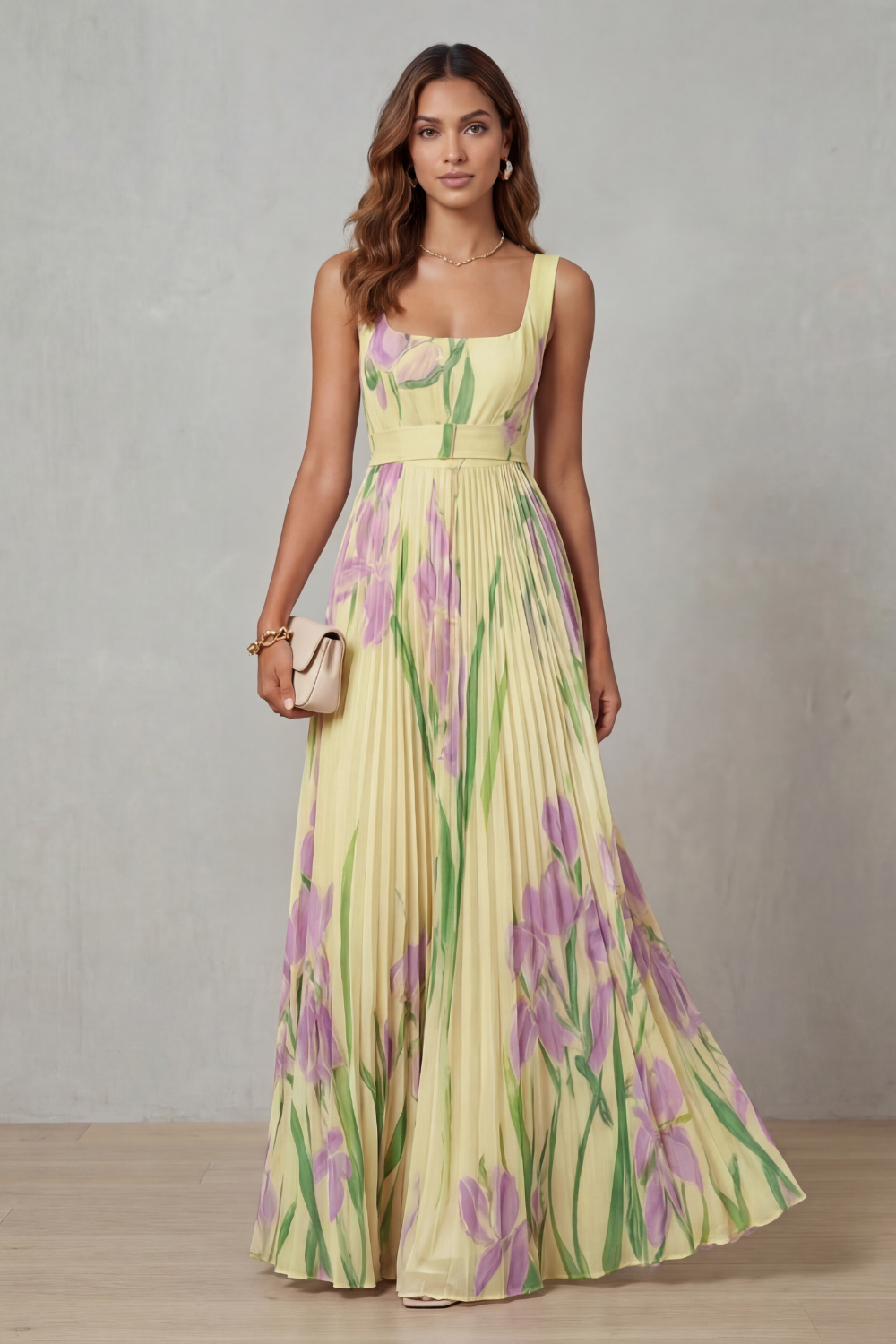 Damen Maxikleid mit Aquarellblumenprint und Falten