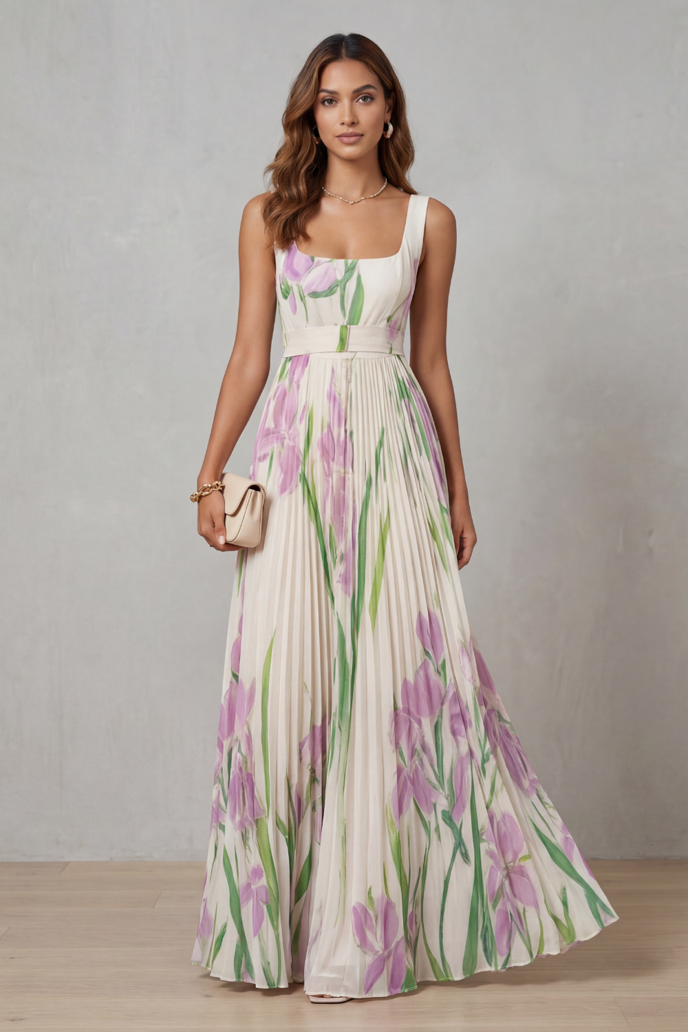 Damen Maxikleid mit Aquarellblumenprint und Falten