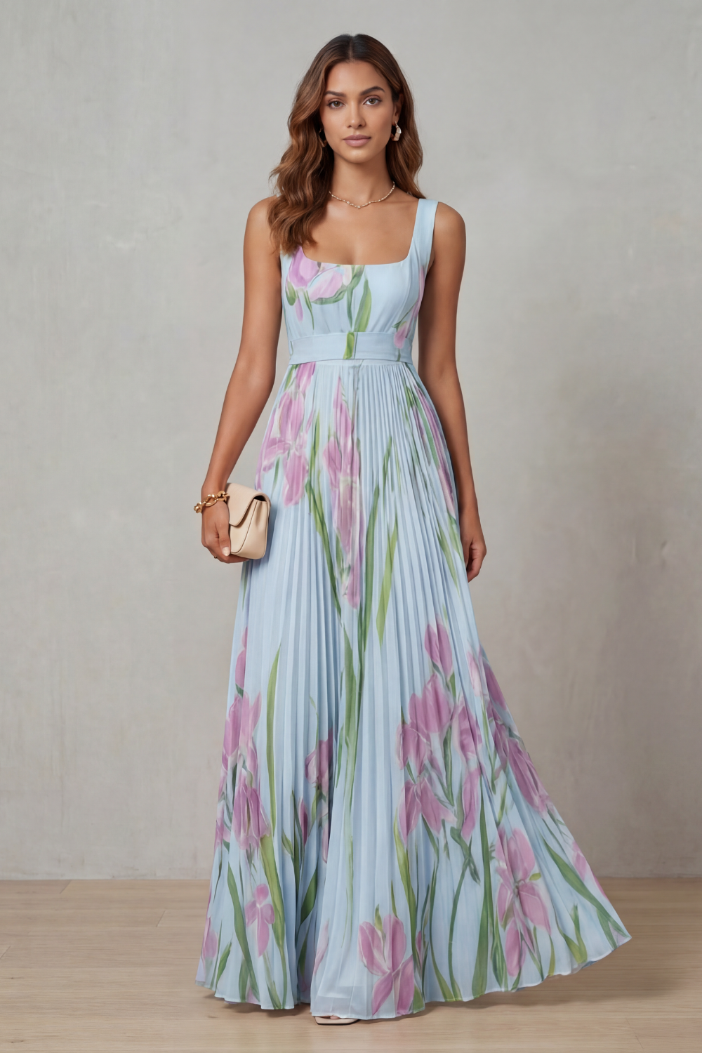 Damen Maxikleid mit Aquarellblumenprint und Falten