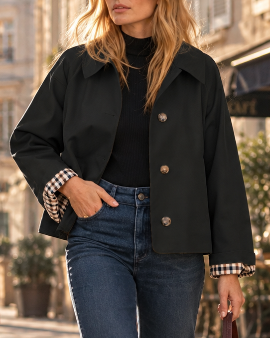 Damen kurze Jacke mit Reverskragen und Knopfleiste