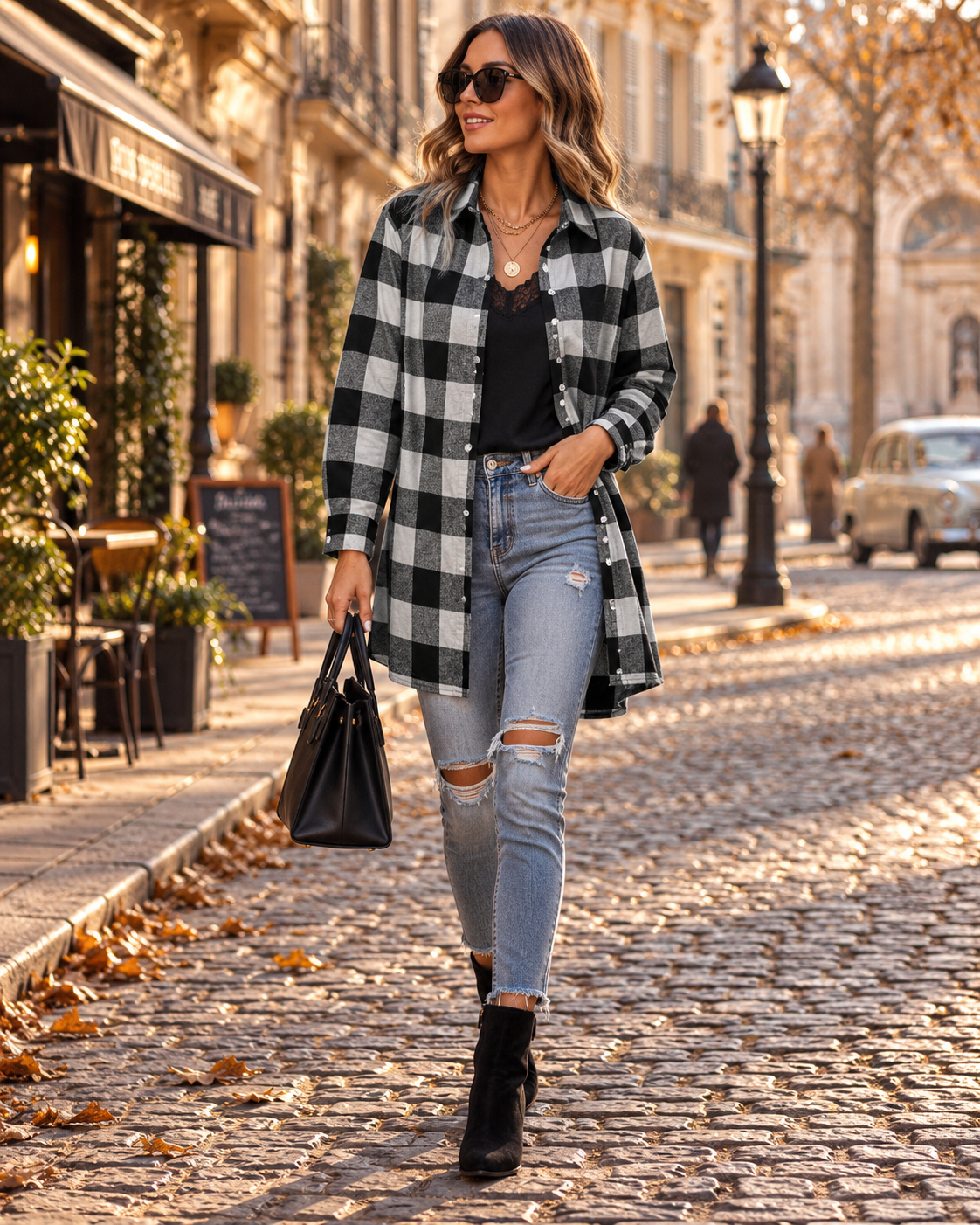 Damen Overshirt mit Karomuster und Knopfleiste
