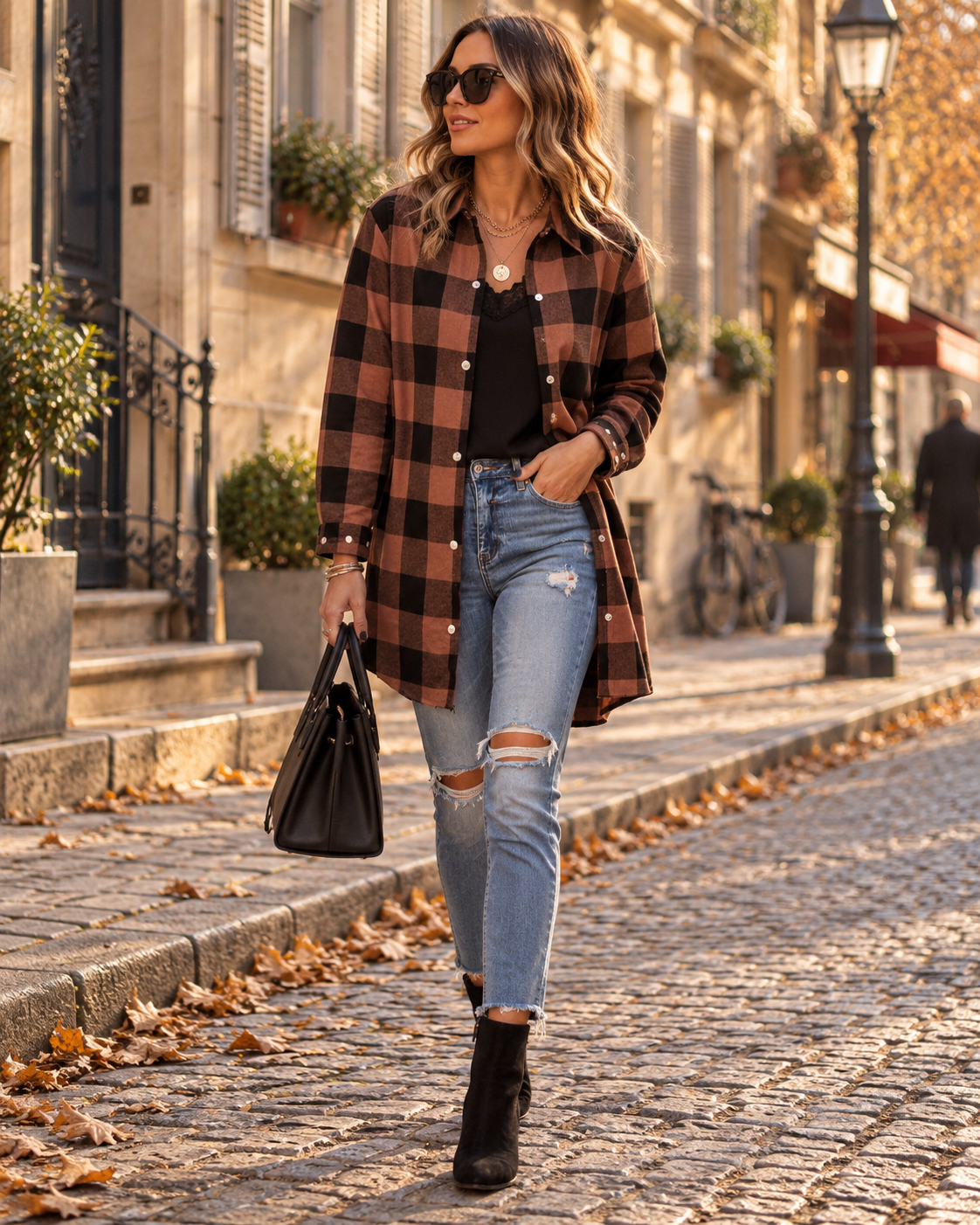 Damen Overshirt mit Karomuster und Knopfleiste