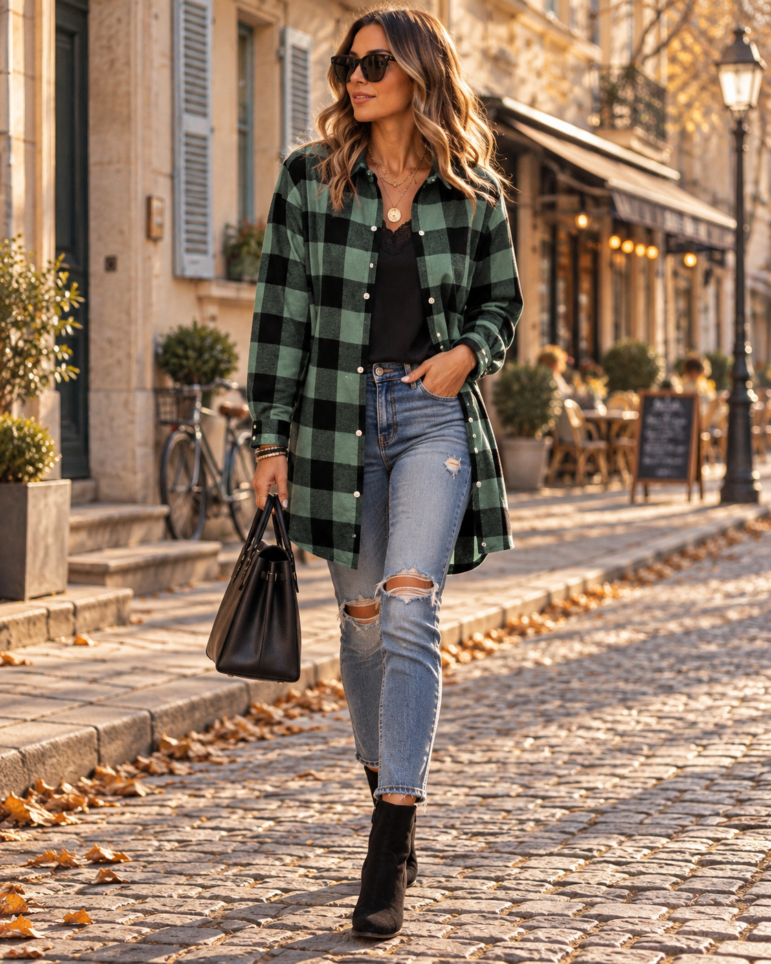 Damen Overshirt mit Karomuster und Knopfleiste