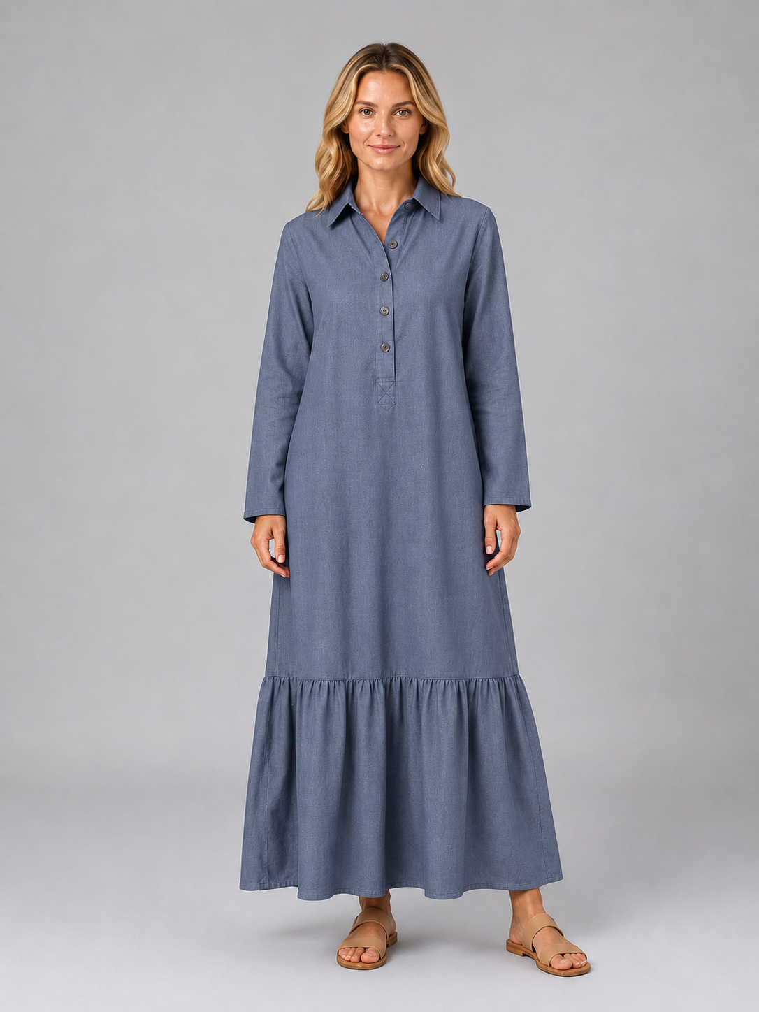 Damen Maxi Hemdblusenkleid aus Baumwollmischung