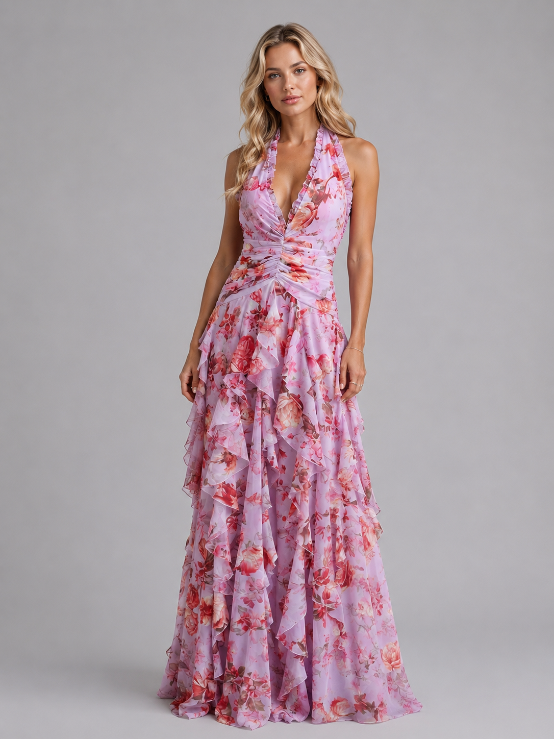 Damen Halter-Maxikleid mit Blumenprint