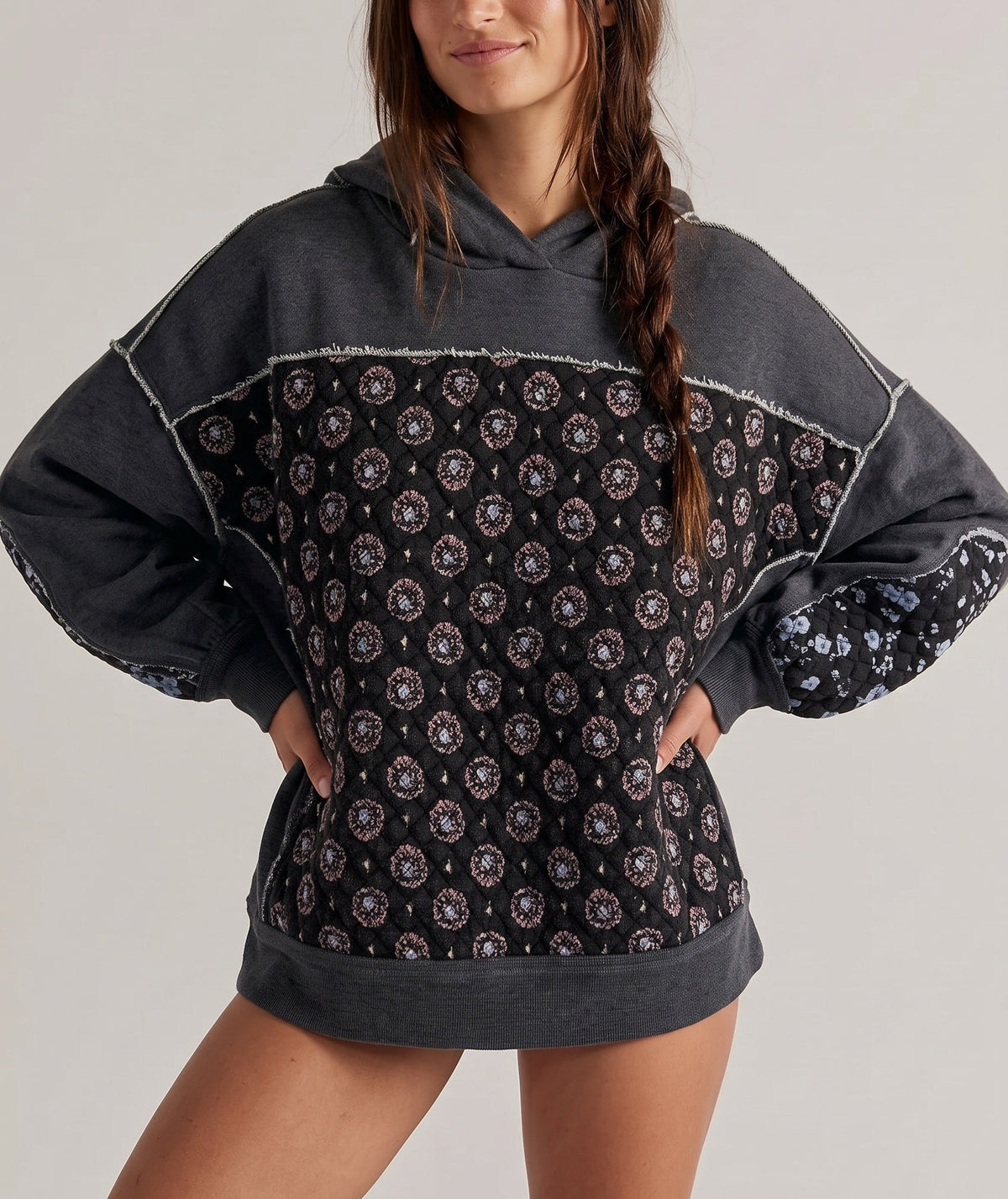 Damen Oversized-Hoodie mit Blumenmuster und Kordelzug