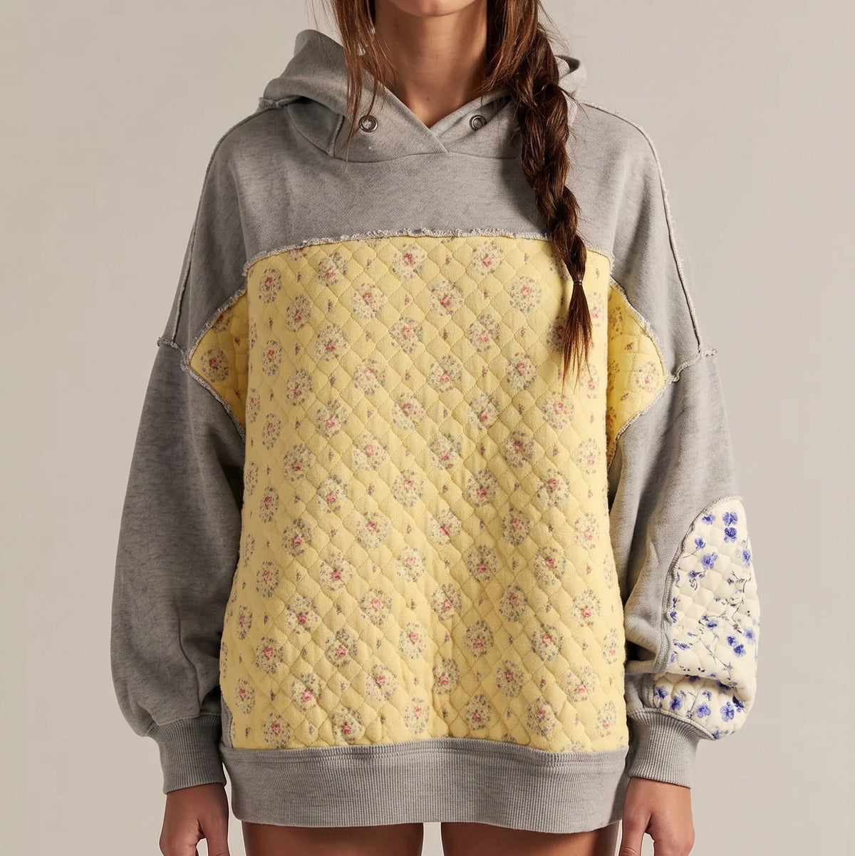 Damen Oversized-Hoodie mit Blumenmuster und Kordelzug