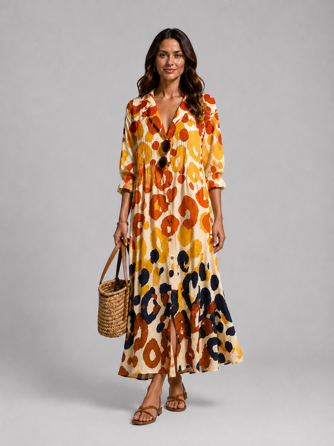 Damen Print Hemd-Maxikleid