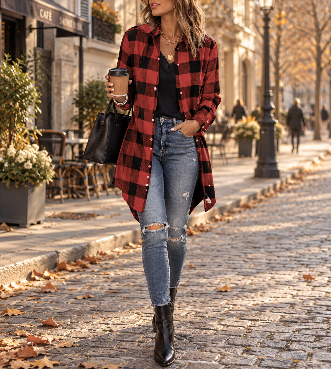 Damen Overshirt mit Karomuster und Knopfleiste