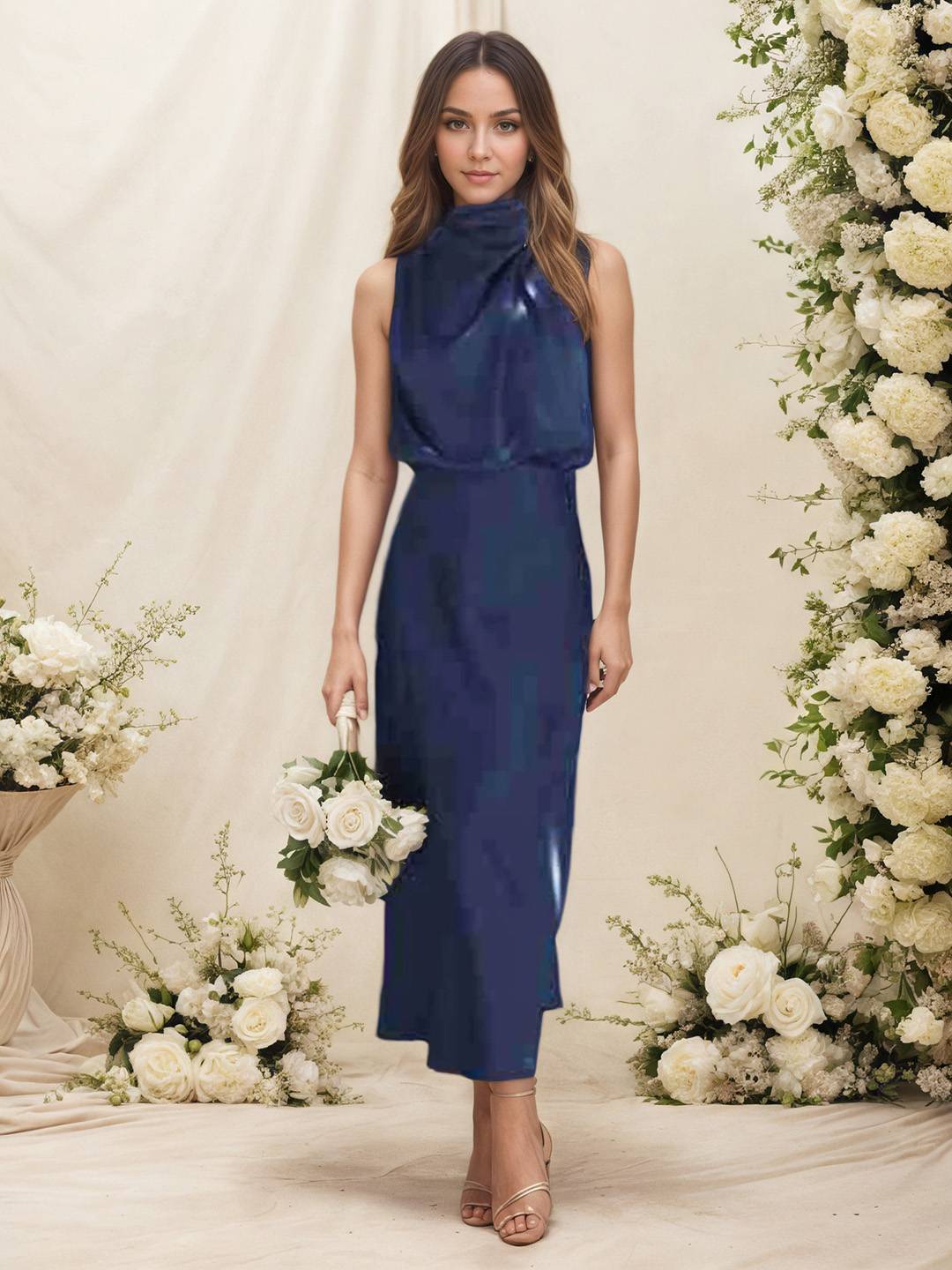 Damen Satin Halterkleid mit Wickeloptik